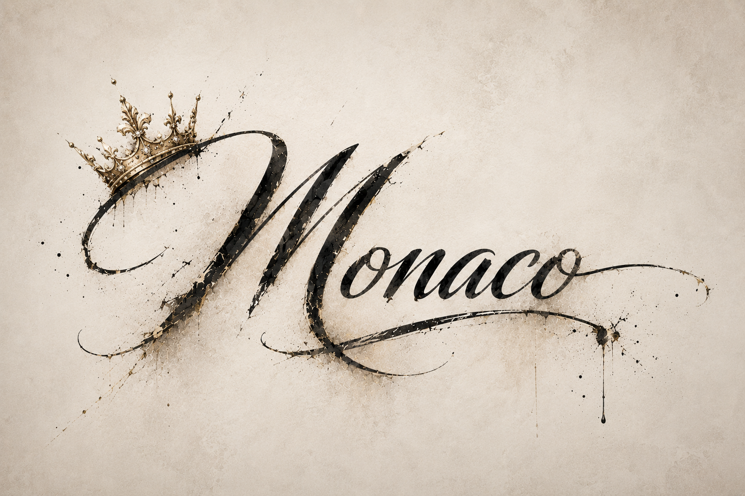 Logo Monaco, calligraphie noire, couronne et traces d’encre sur papier ancien